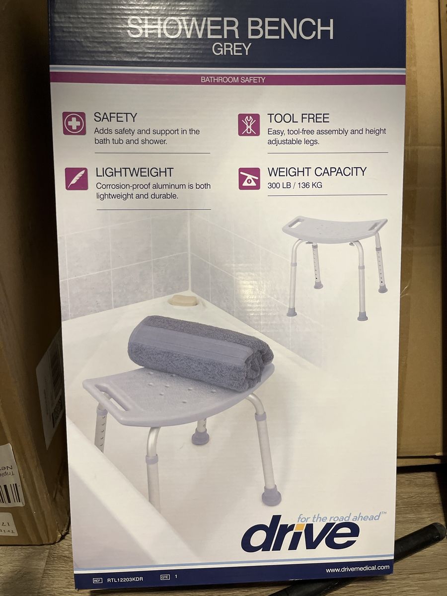 Drive Medical Gray Shower Bench, RTL12203KDR, 300lb Capacity, Tool-Free Assembly, Lightweight