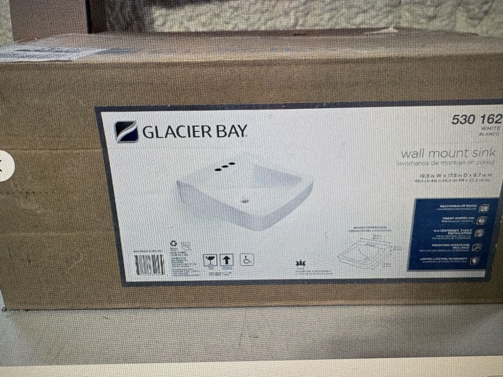 2 Glacier Bay Wall Mount Sinks, White, 19.5" x 17.5" x 8.7", Rectangular Basin, 4" Centerset, 3-Hole Faucet