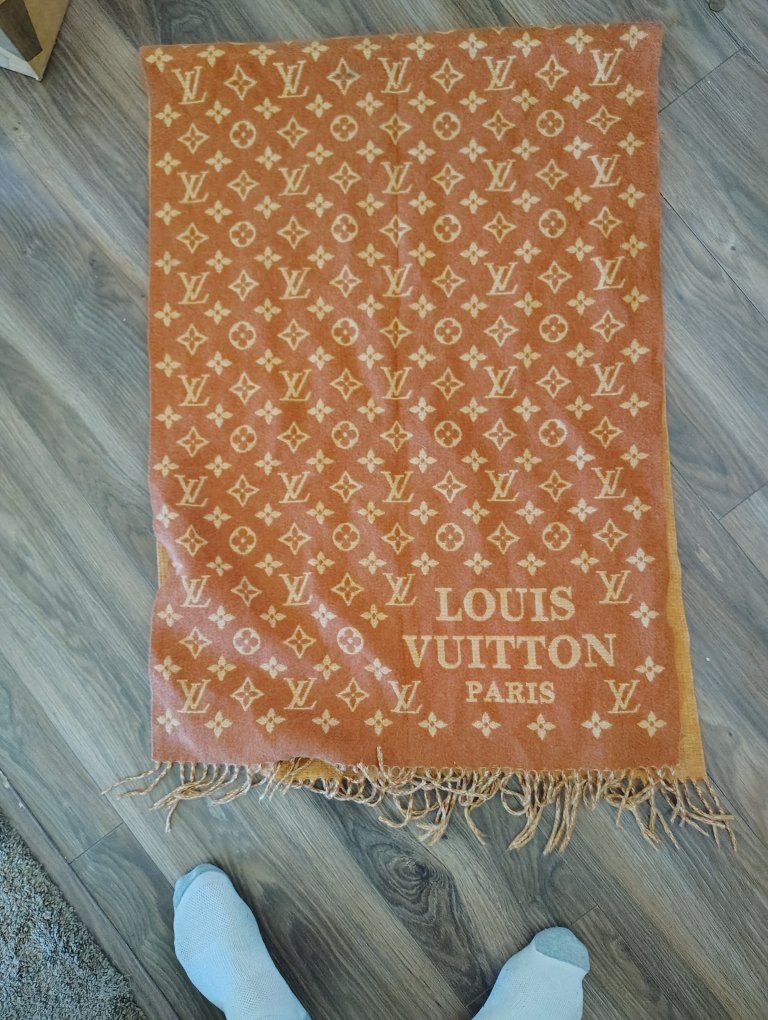 Louis Vuitton Orange & Tan Monogram Shawl Scarf with Fringe Detail