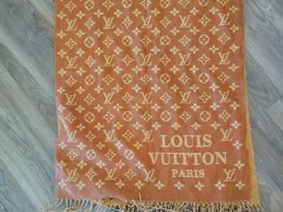Louis Vuitton Orange & Tan Monogram Shawl Scarf with Fringe Detail
