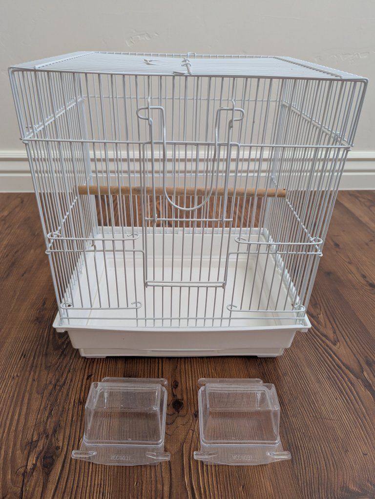 Small White Bird Cage with Perch and Food/Water Dishes - Compact & Portable