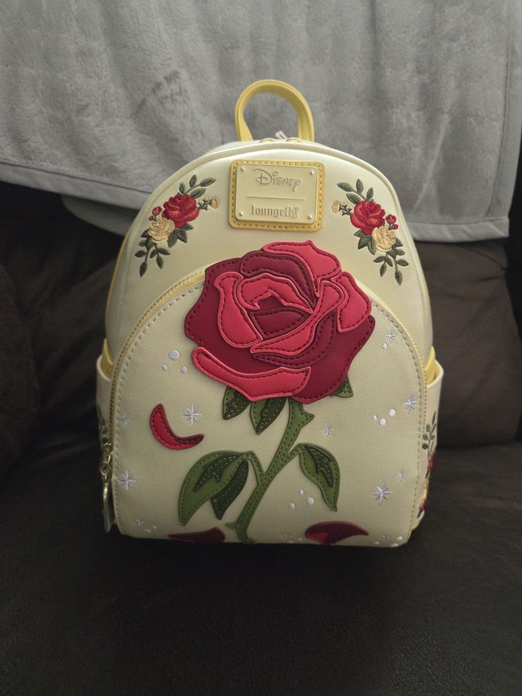 Loungefly Disney Beauty & The Beast Rose Mini Backpack Cream/Yellow Faux Leather New