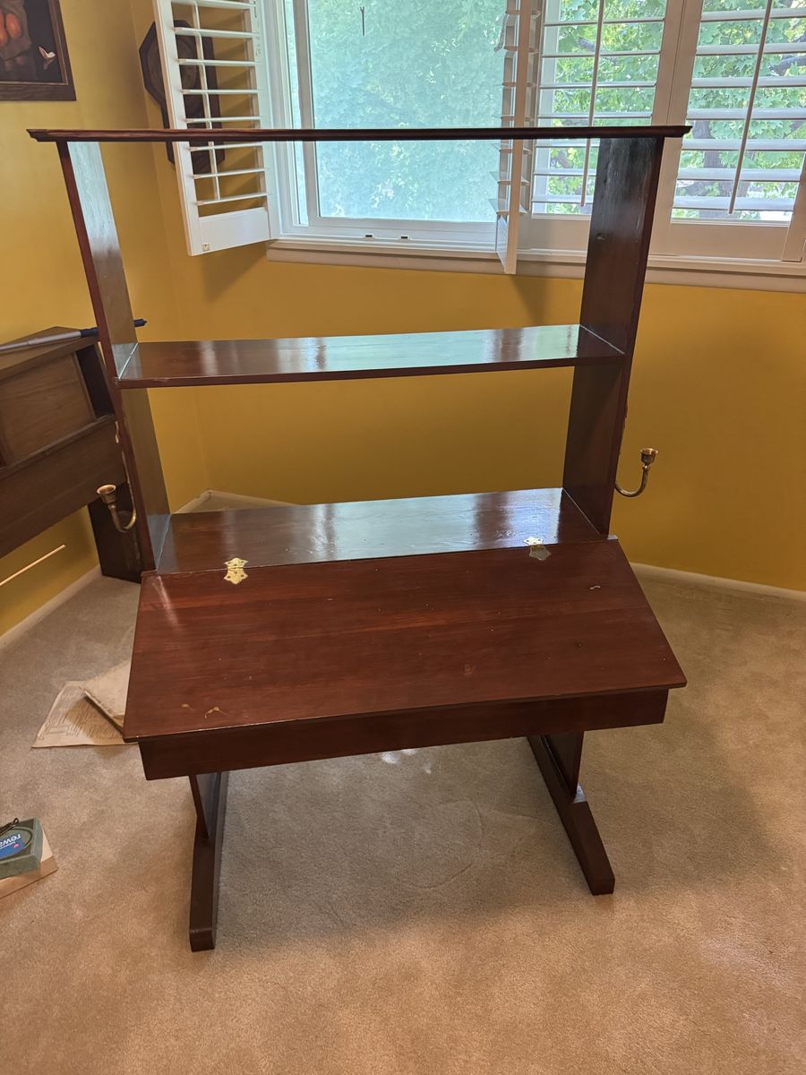 Vintage Wooden Secretary Desk with Hutch and Attached Candle Sconces