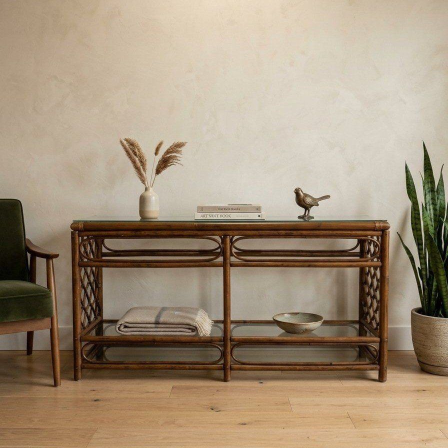 Vintage Bamboo Coastal Console Table