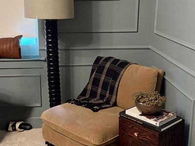 Black accordion floor lamp with oversized drum shade
