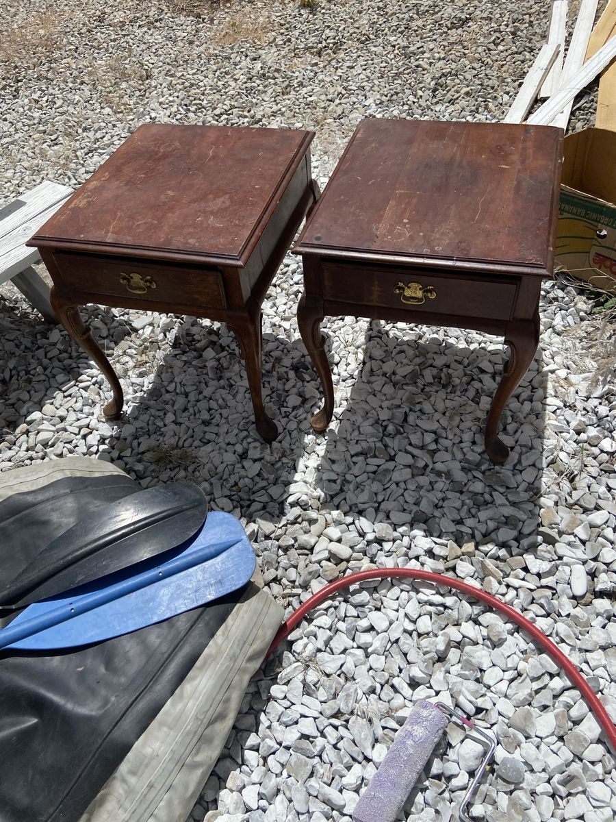 Pair of Vintage Wood End Tables with Drawers and Cabriole Legs
