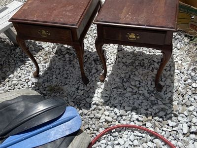 Pair of Vintage Wood End Tables with Drawers and Cabriole Legs