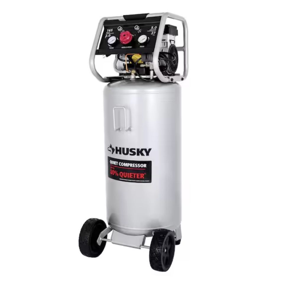 Husky 27 Gal.165 PSI Vertical Electric Oil-Free Quiet Auto/Workshop Air Compressor with Dual Gauges and 2-Quick Couplers