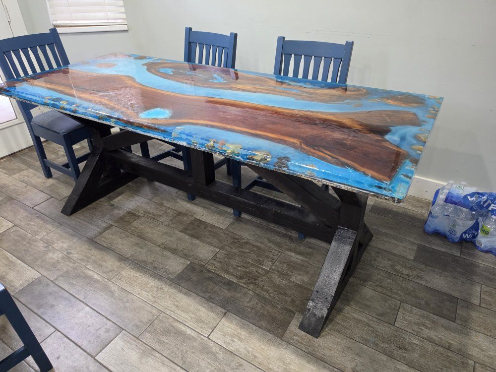 Handcrafted Live Edge Wood and Blue Epoxy River Dining Table