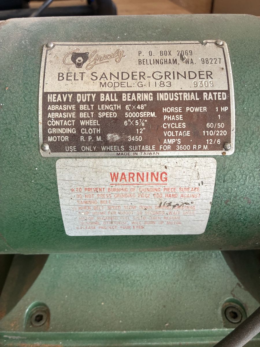 Grizzly G1183 Heavy Duty 1HP Belt Sander-Grinder, 6"x48" Belt, 12" Disc, Industrial Rated