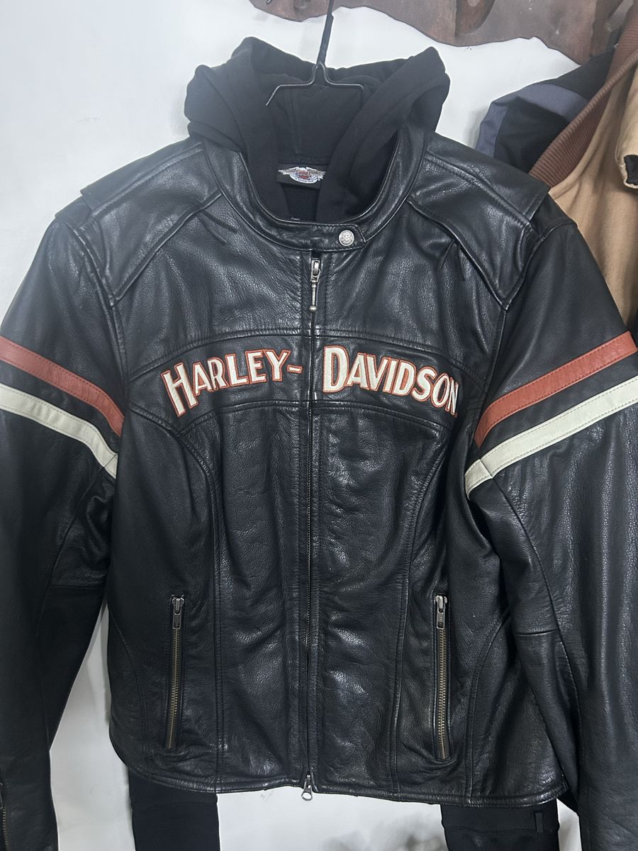 Women’s Large Harley leather jacket with fleece Hoodie and Harley belt
