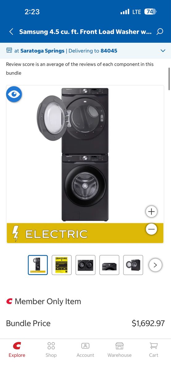 New open box Samsung 4.5 cu. ft. Front Load Washer with Vibration Reduction Technology+ and 7.5 cu. ft. ELECTRIC Dryer