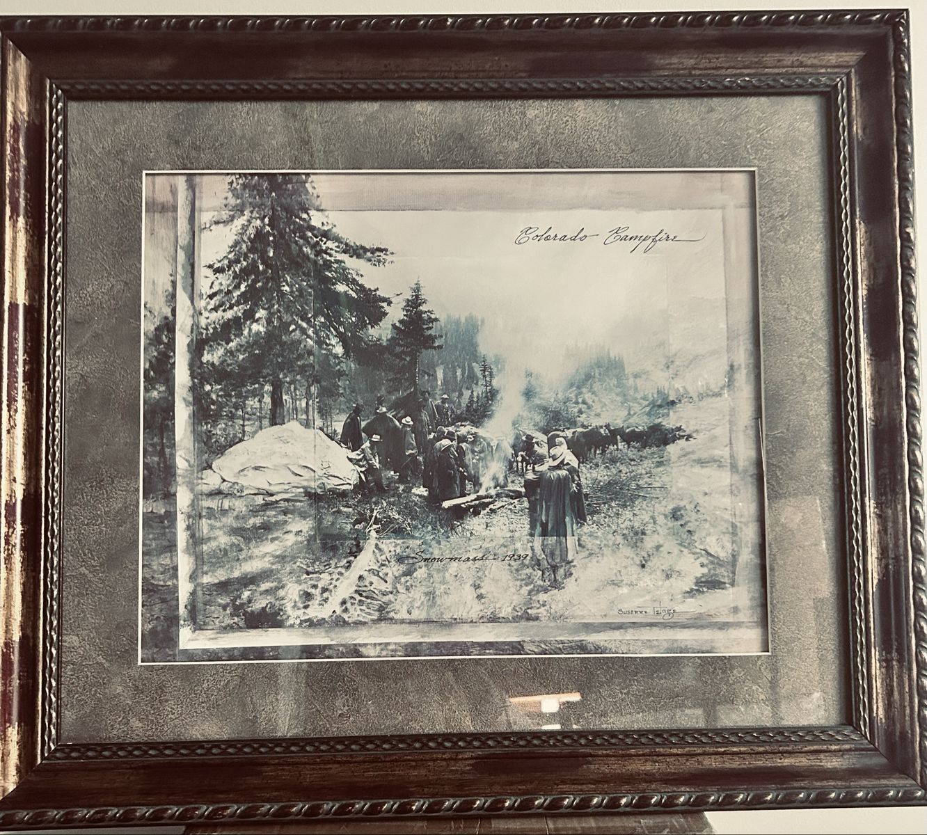 Vintage Framed Colorado Campfire Art Print by Susanne  Telage 1939 - Large Rustic Wall Decor