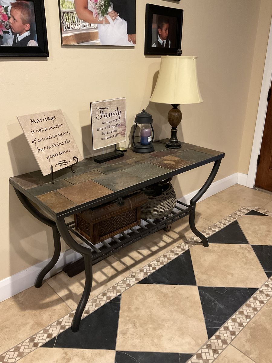 5 piece end table set, includes Slate Top Coffee Table, End Table, and Console Table Set - Wrought Iron Style Legs