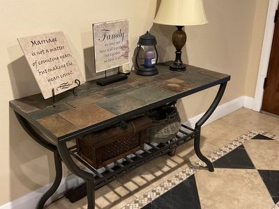 5 piece end table set, includes Slate Top Coffee Table, End Table, and Console Table Set - Wrought Iron Style Legs