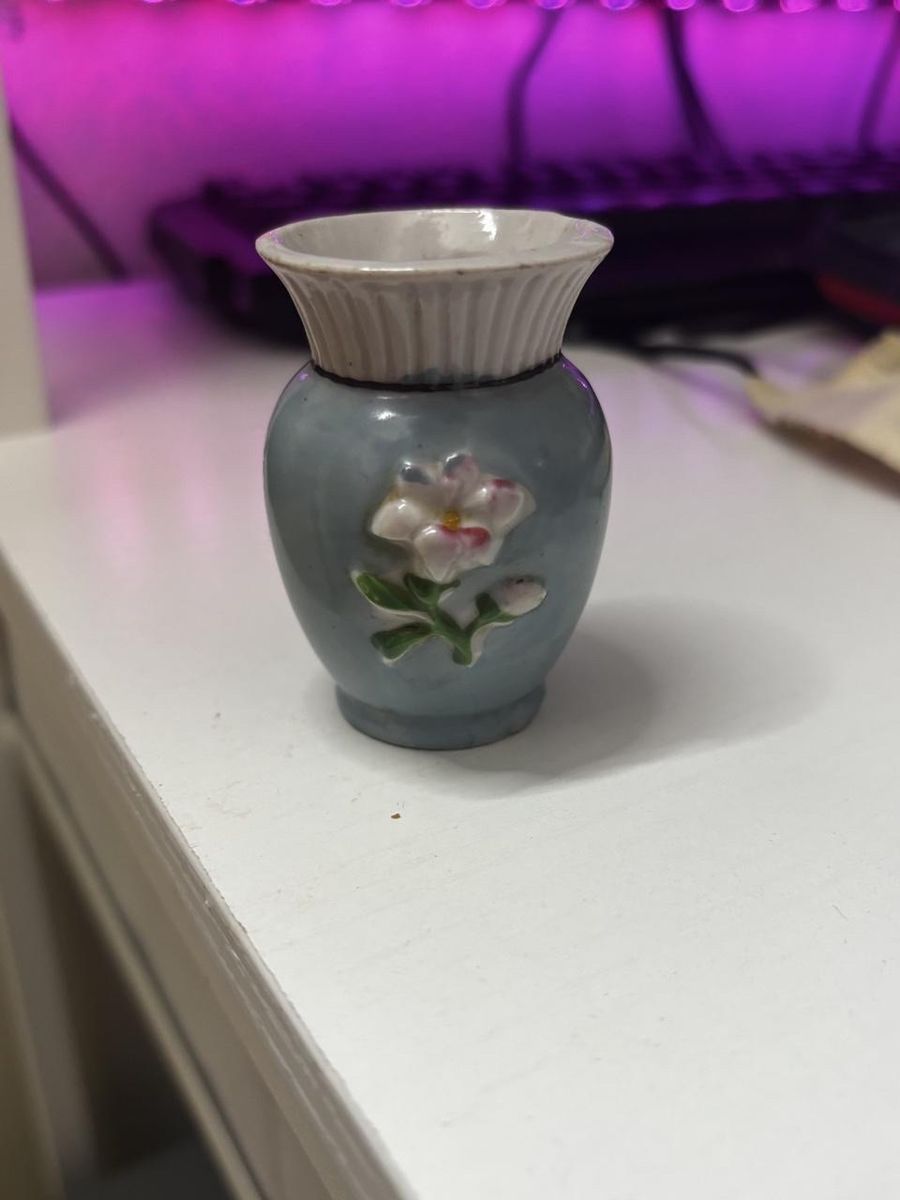 Pale Blue Miniature Vase with Embossed Pink Flower, Collectible Decor