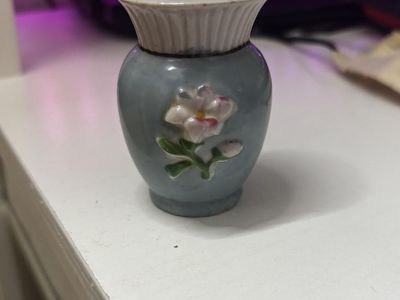 Pale Blue Miniature Vase with Embossed Pink Flower, Collectible Decor
