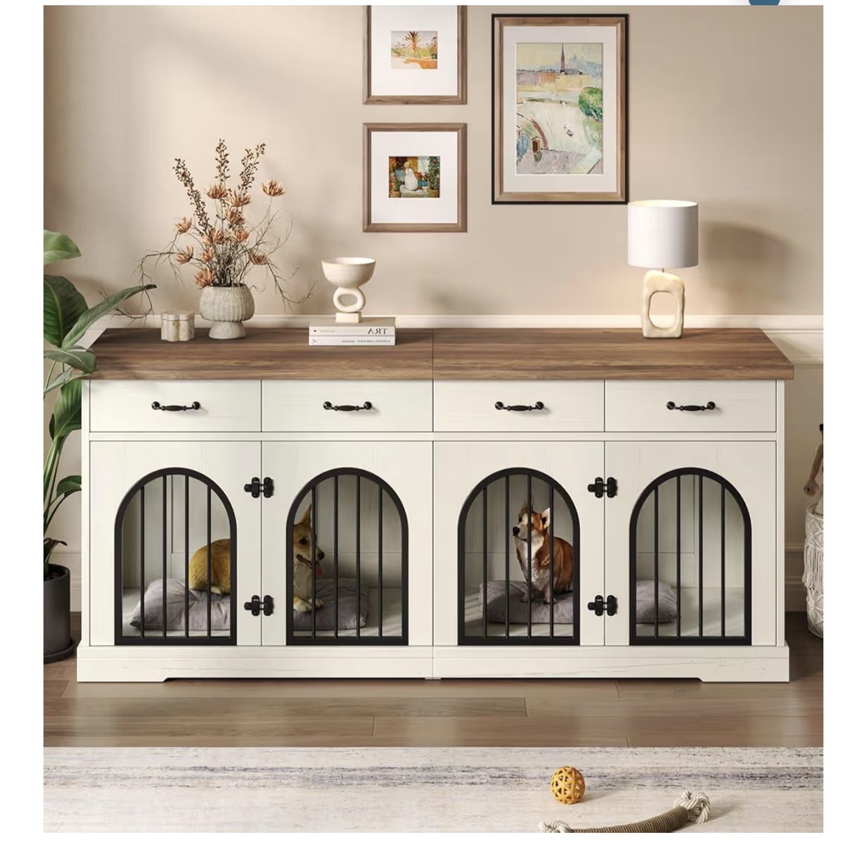 71” Double Dog Crate Furniture for 2 Small and Medium Dogs,XXL Wooden Dog Kennel