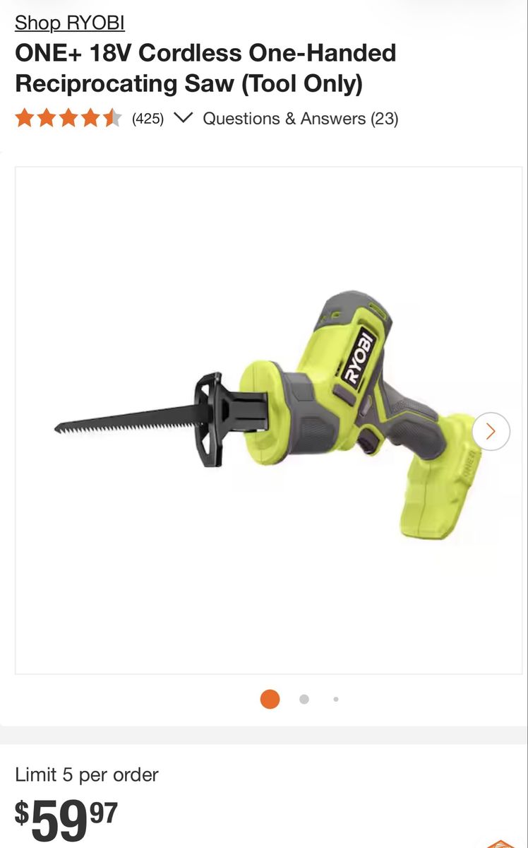 RYOBI ONE+ 18V Cordless One-Handed Reciprocating Saw (Tool Only, PCL510B)