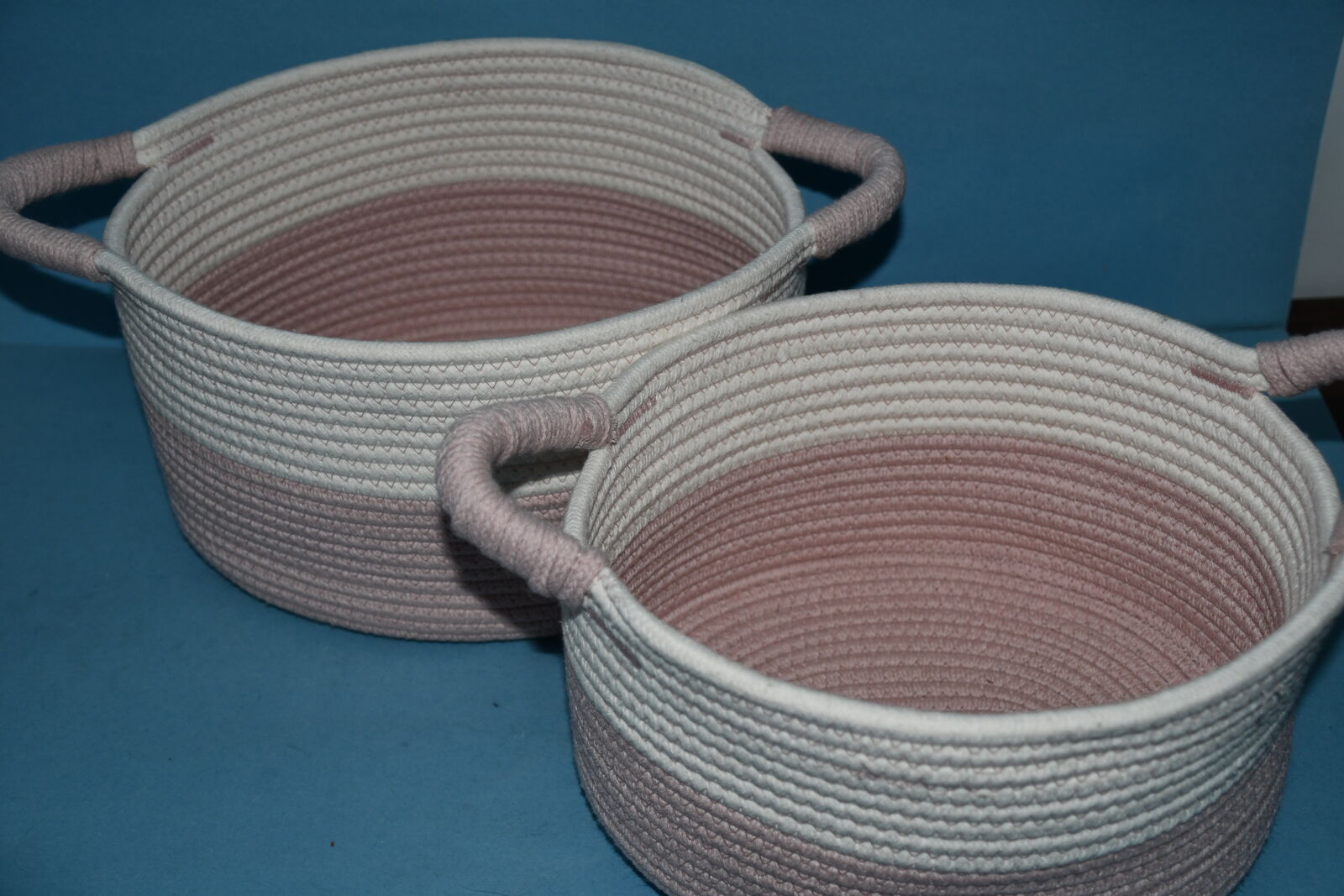 2 PINK & WHITE STORAGE BASKETS ~ 10" x 12" x 7" & 9" x 11" x 6" ~ NESTING ~ CLEAN!
