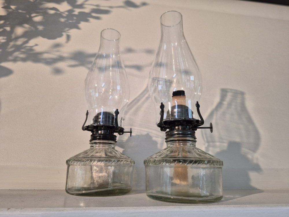 Vintage Clear Glass Kerosene Oil Lamps with Chimneys (Pair)