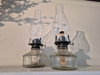 Vintage Clear Glass Kerosene Oil Lamps with Chimneys (Pair)