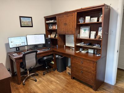 Large Wood Executive L-Shaped Desk with Hutch and File Drawers