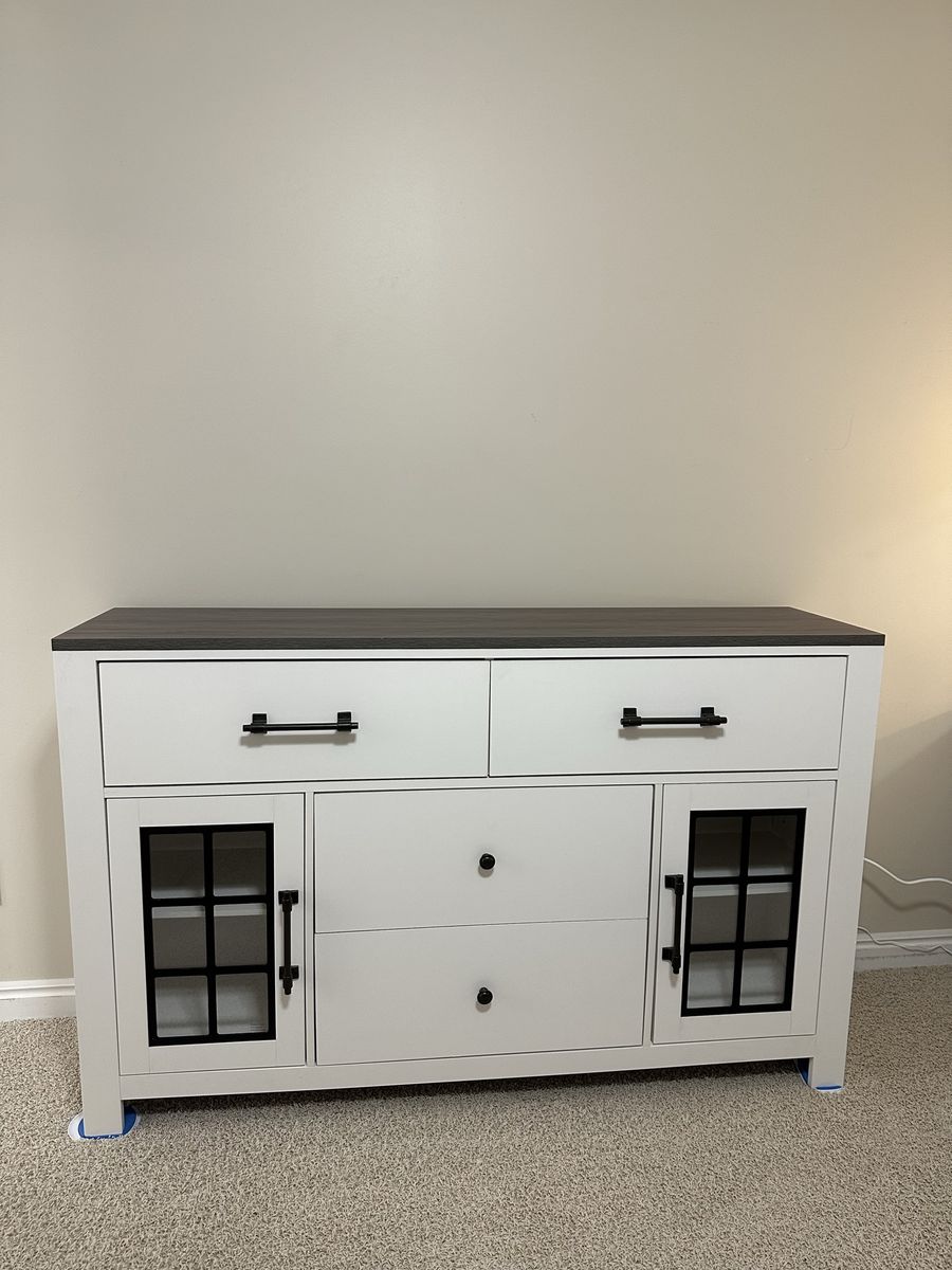Modern White & Gray Credenza Buffet Cabinet with Drawers and Glass Doors