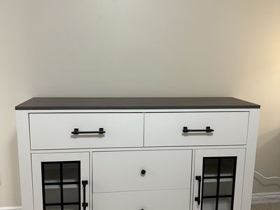 Modern White & Gray Credenza Buffet Cabinet with Drawers and Glass Doors