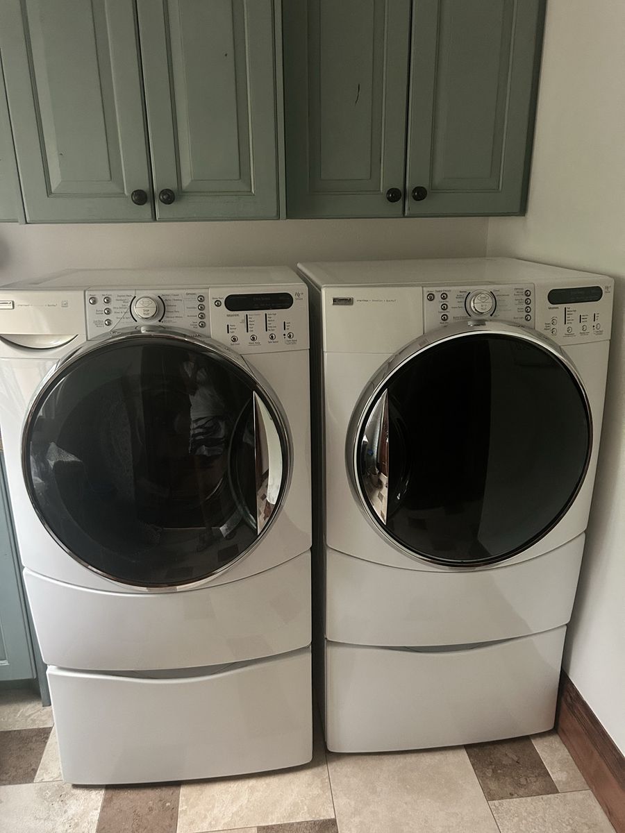 Kenmore Elite White Electric Front-Load Washer & Dryer Set with Pedestals
