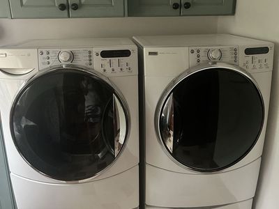 Kenmore Elite White Electric Front-Load Washer & Dryer Set with Pedestals
