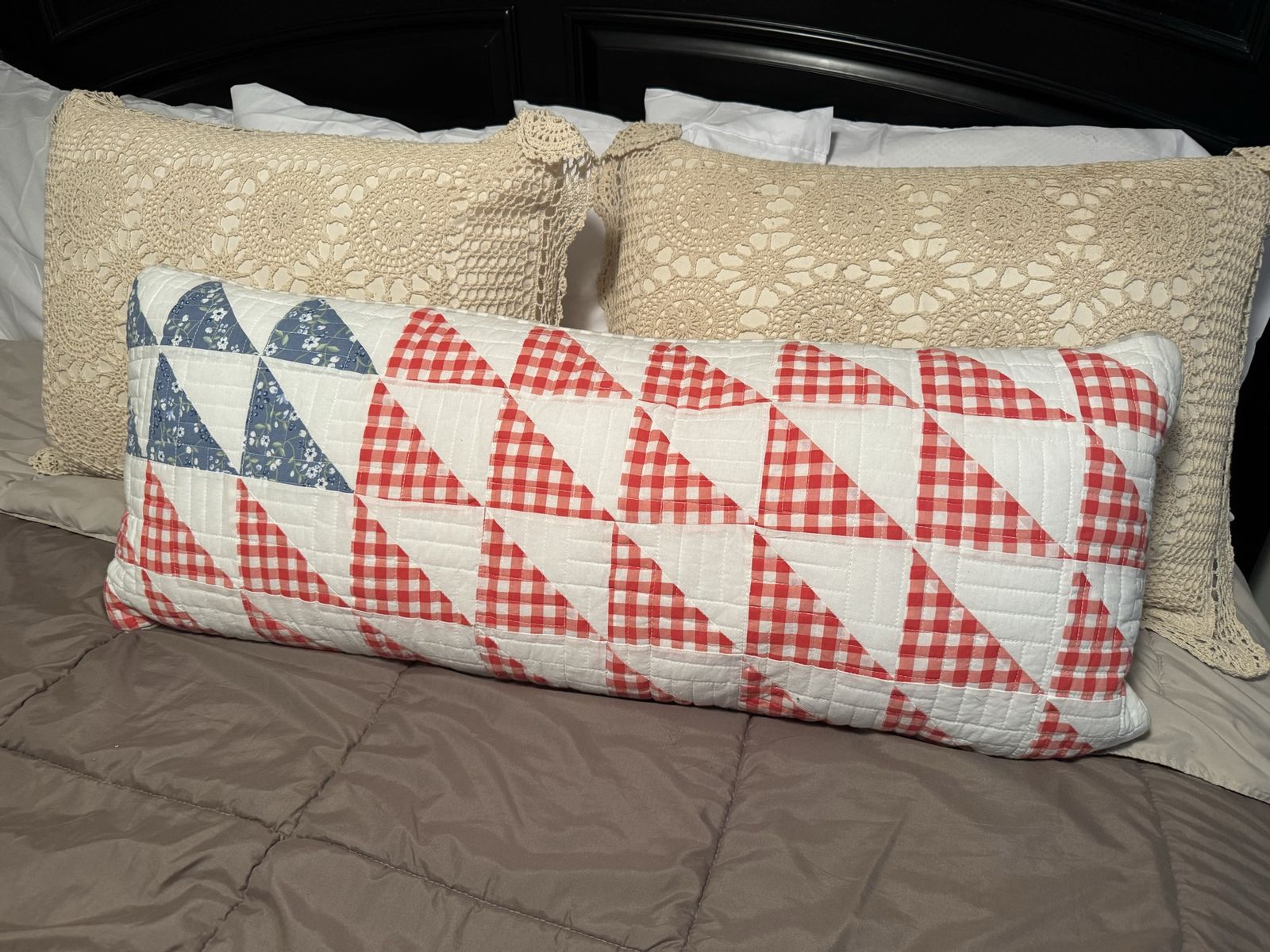 Long Quilted Patchwork Body Pillow Red White Gingham Flag Design