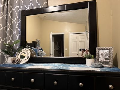 Black Bedroom Set-Bed Frame, Large Dresser w/Mirror, 2 nightstands