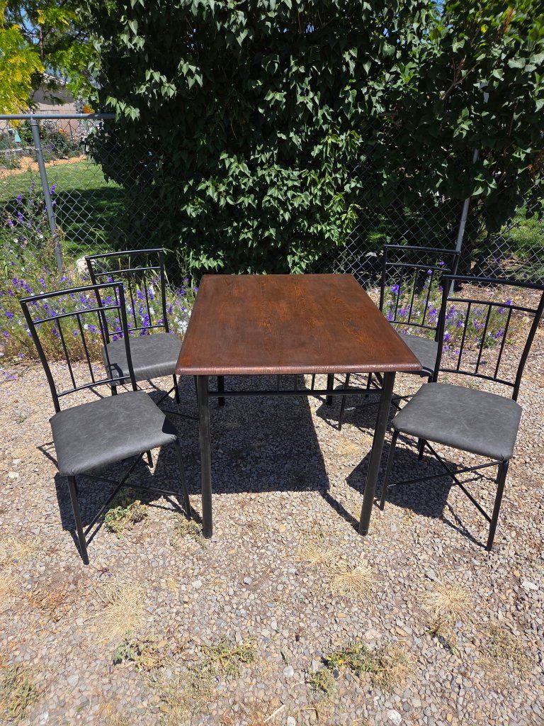 Compact Dining Table Set with 4 Chairs - Dark Wood Finish, Black Metal Frame