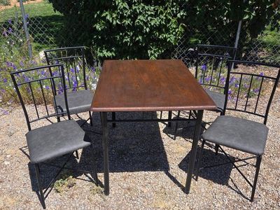 Compact Dining Table Set with 4 Chairs - Dark Wood Finish, Black Metal Frame
