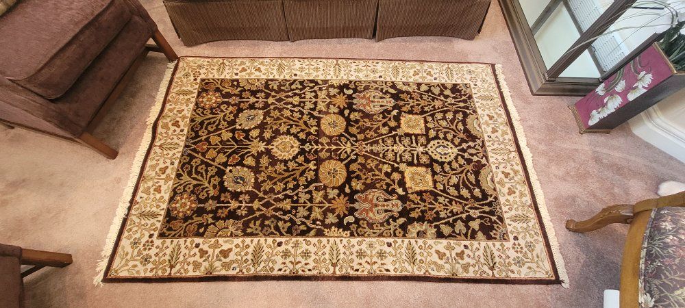 Large Area Rug - Ornate Brown & Tan Floral Pattern with Fringe - Good Condition 4'x 6.5'