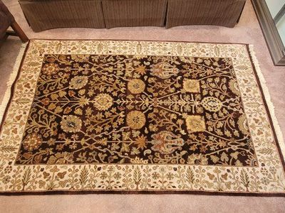 Large Area Rug - Ornate Brown & Tan Floral Pattern with Fringe - Good Condition 4'x 6.5'