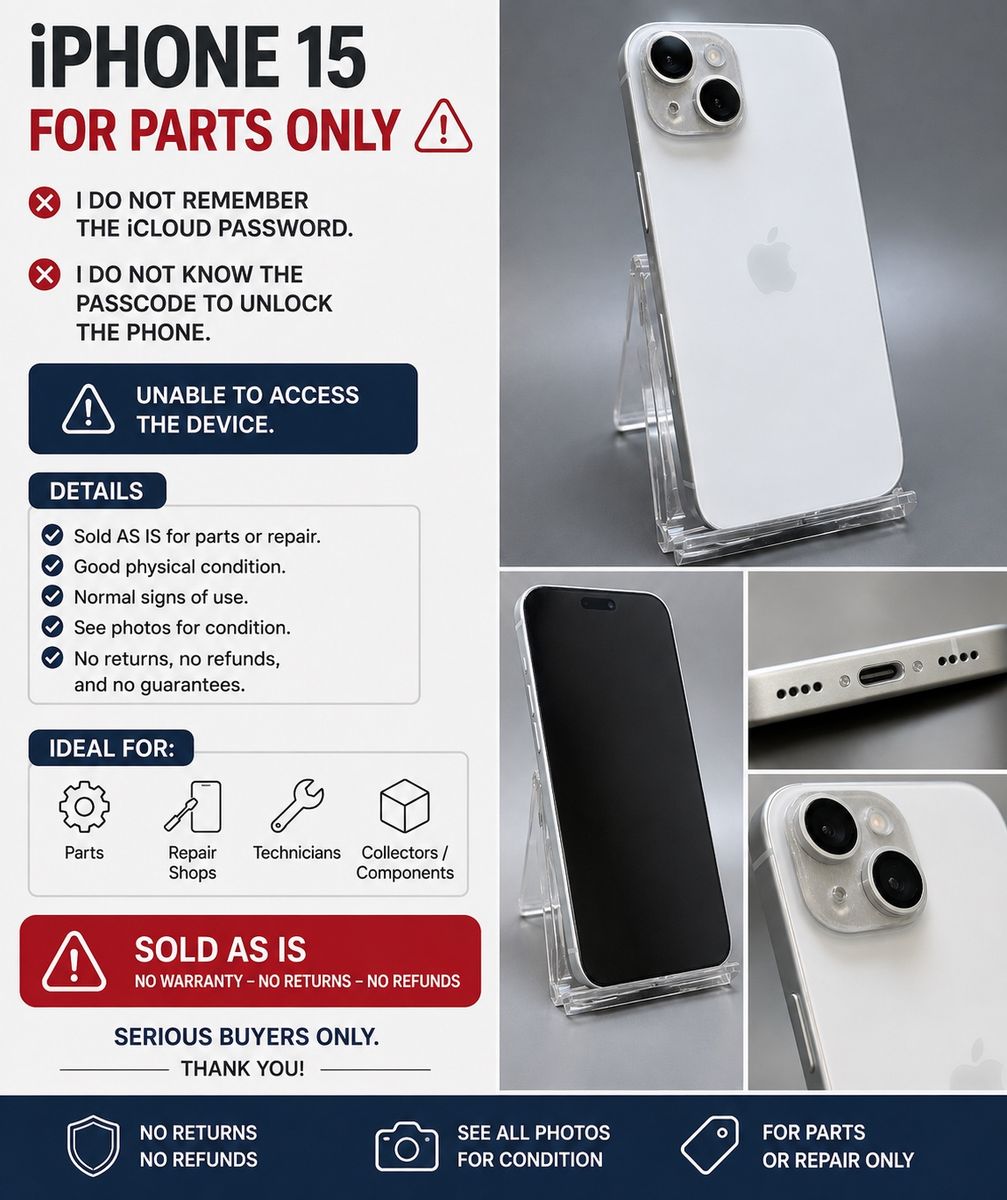Apple iPhone 15 White - For Parts or Repair Only (iCloud / Passcode Locked)
