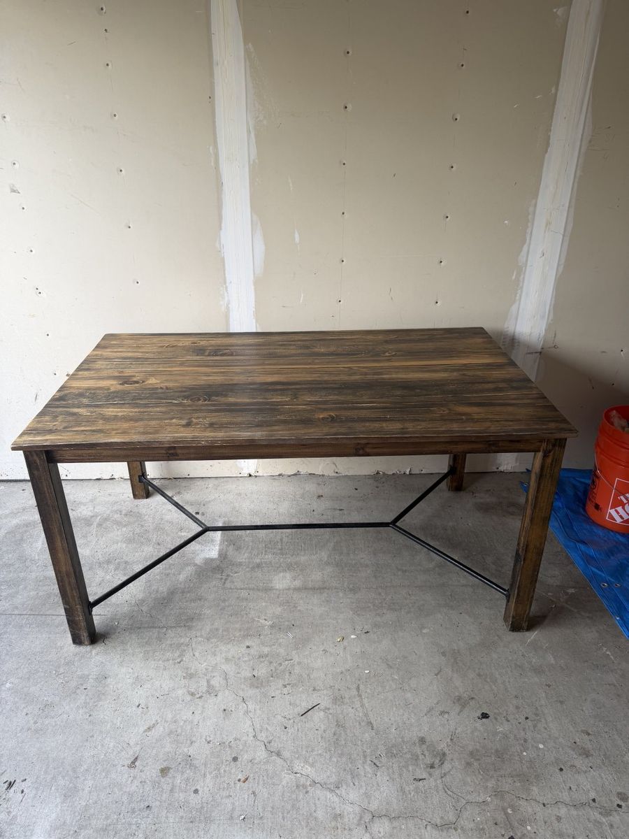 Rustic Industrial Wooden Dining Table with Metal Stretcher Base