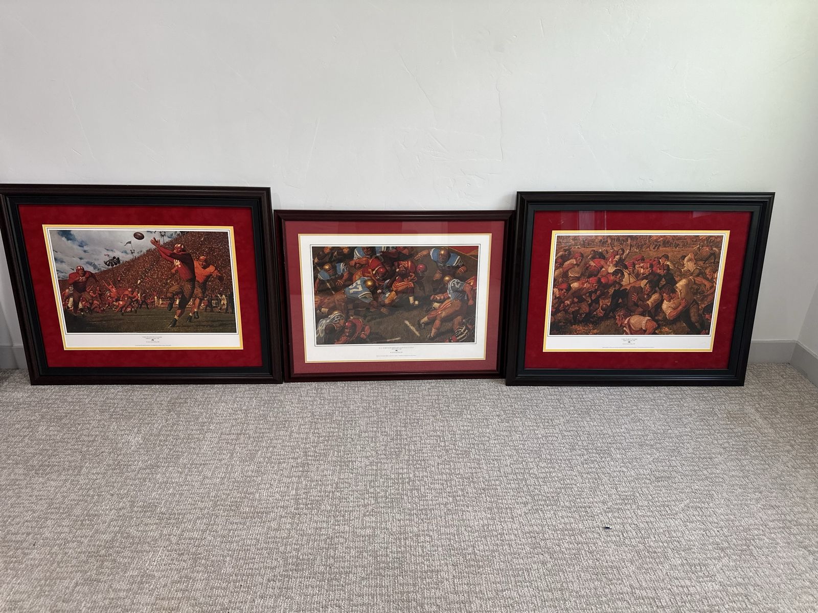 Framed Arnold Friberg Football Prints - Set of 3 (O.J. Simpson, The First Game) with Red Matting