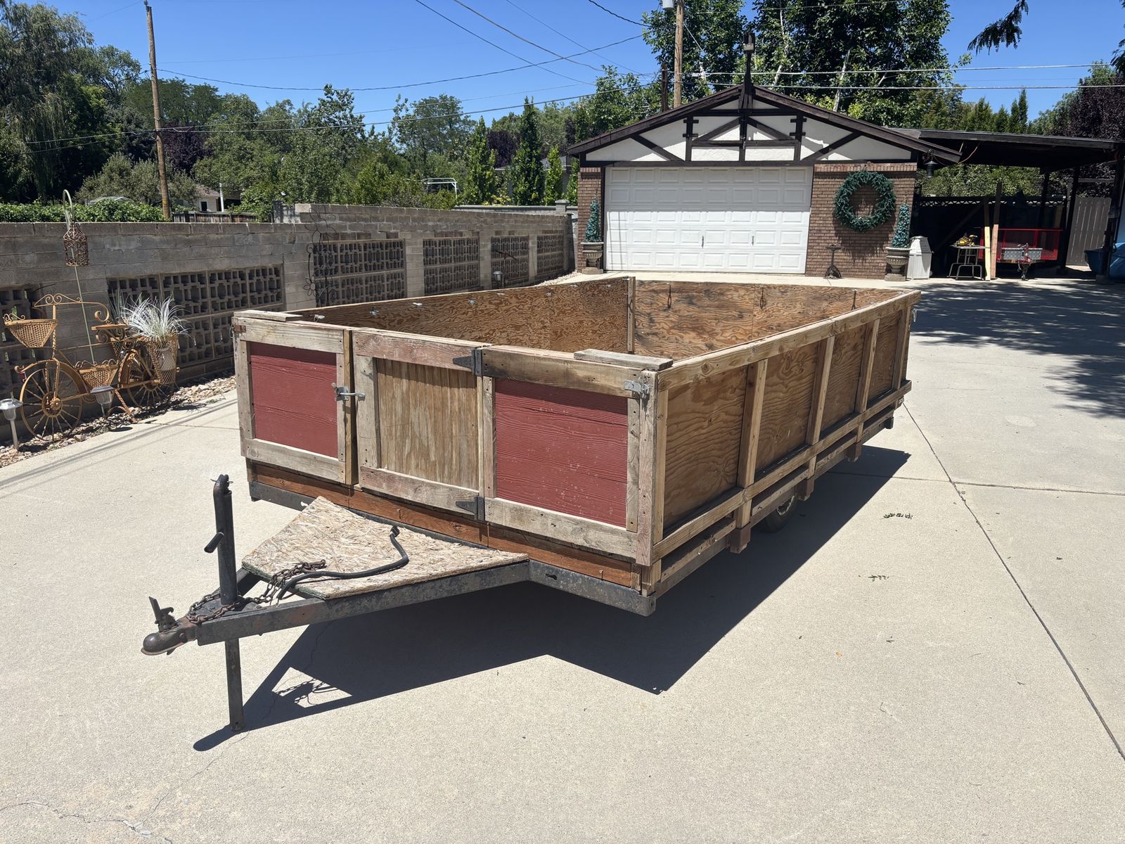 Custom Built Utility Trailer with Wooden Walls and Plywood Bed