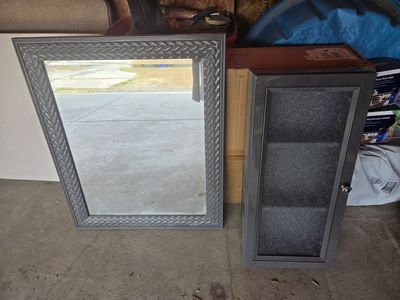 Decorative Mirror and Cabinet Set - Gray, Textured Frame, Wall Mountable