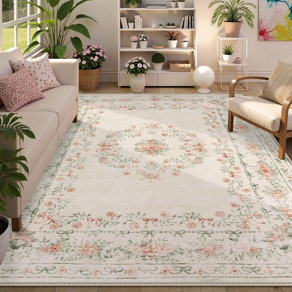 New Floral Bow Print Washable 8x10 Rug, Beige Rugs for Living Room, Boho
