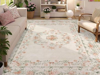 New Floral Bow Print Washable 8x10 Rug, Beige Rugs for Living Room, Boho