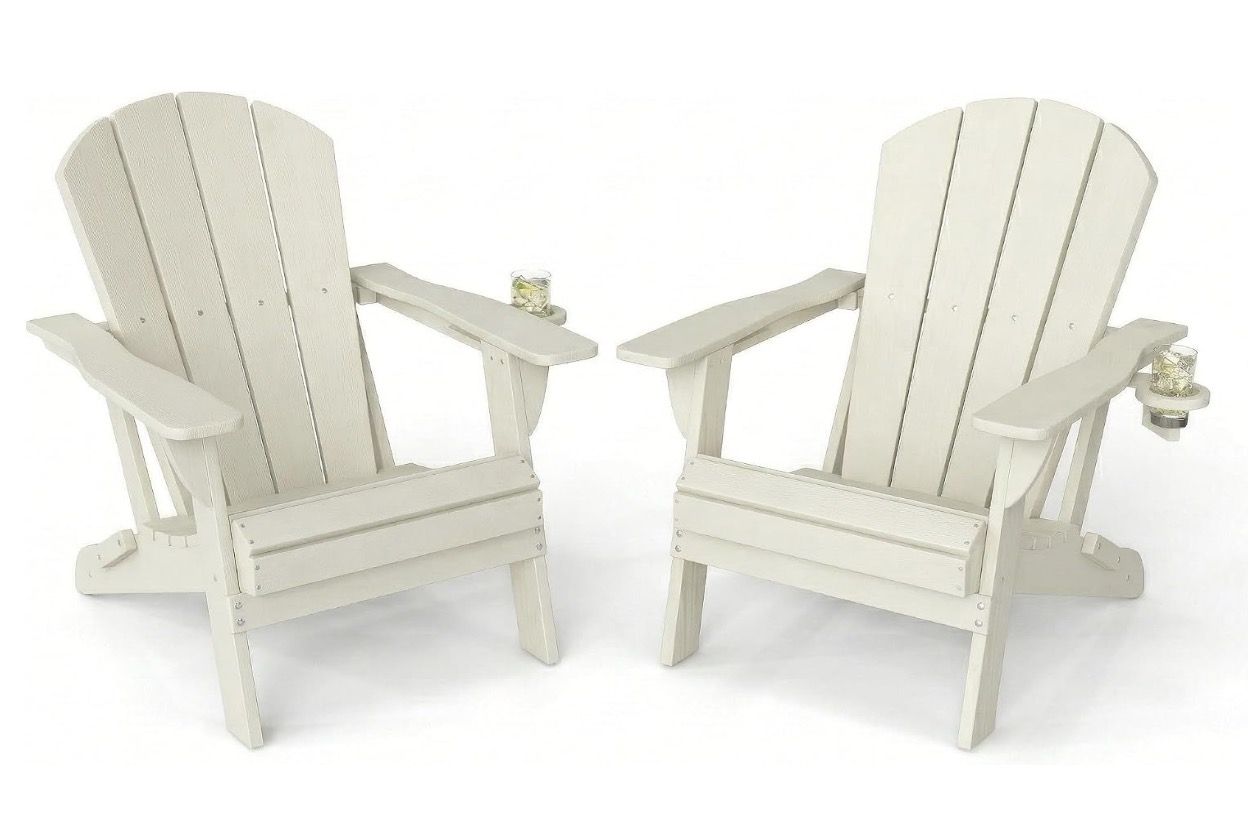 NEW Folding Adirondack Chairs Set of 2 Portable HDPE Weather Resist Outdoor Patio Wooden Textured