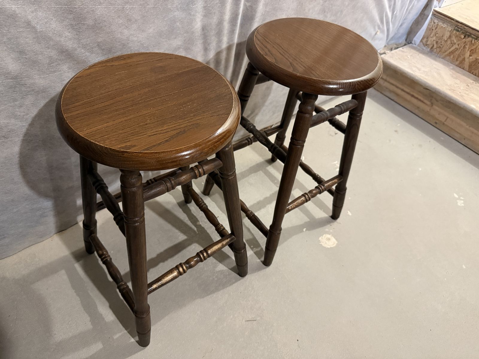 Pair of Wooden Bar Stools, Dark Brown Finish, Round Seat