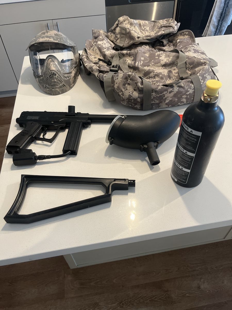 Complete Paintball Gear Set with Marker, Mask, Tank, Hopper, and Bag