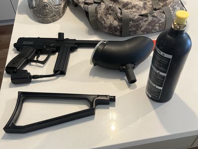 Complete Paintball Gear Set with Marker, Mask, Tank, Hopper, and Bag