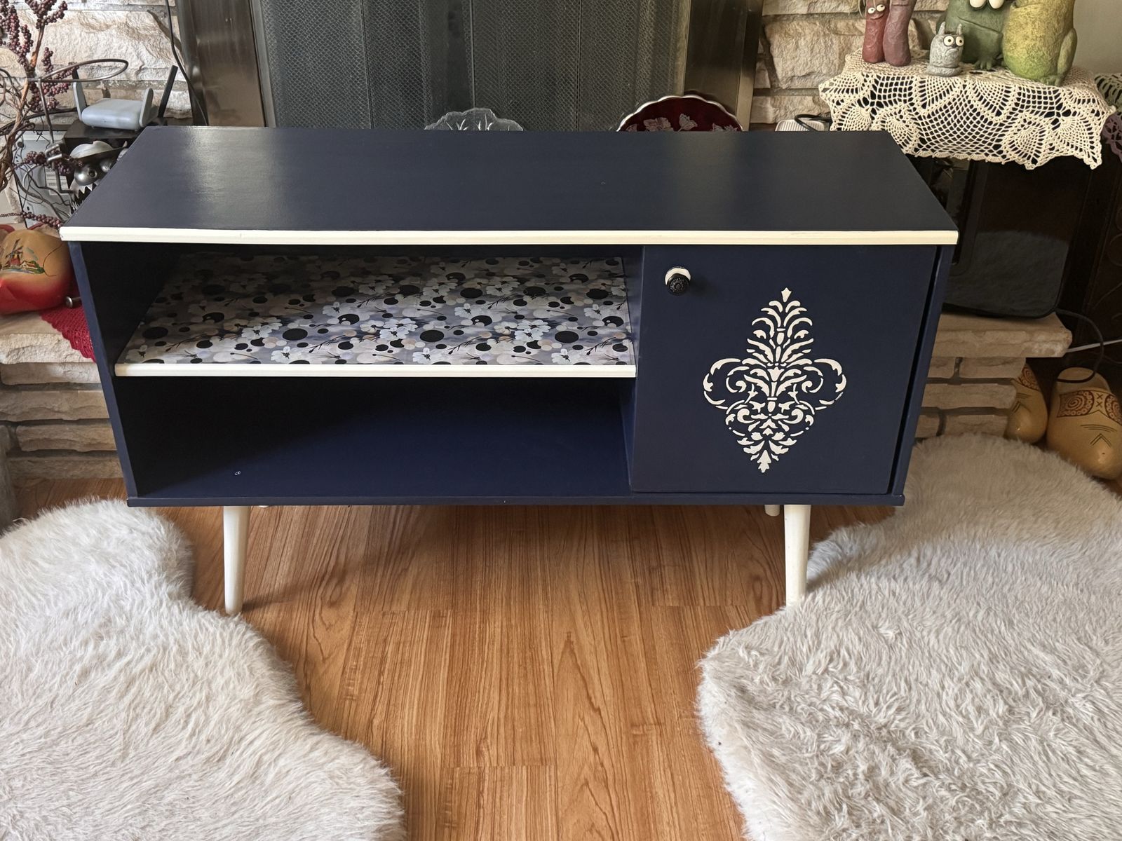 Navy Blue Mid-Century Modern Media Console Cabinet with White Stencil Accent and Tapered Legs