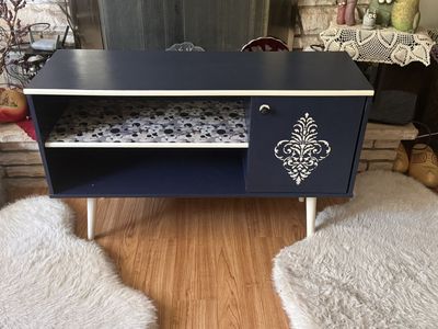 Navy Blue Mid-Century Modern Media Console Cabinet with White Stencil Accent and Tapered Legs
